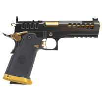 Watchtower Firearms DEMOLITIA9MM5ELITE Demolitia Full Size Frame 9mm Luger 20+1 5" Gold Plated PVD Ported Barrel, Graphite PVD Optic Cut/Serrated Steel Slide, Graphite PVD Frame, Black Textured Grip