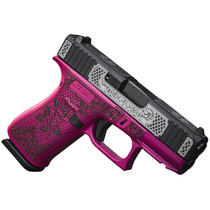 Glock UX4350204FRNGLBCSlim Sub-Compact Frame 9mm Luger 10+1 3.41" Black GMB Barrel, Black w/White Scroll Cerakote Serrated Steel Slide, Black Cherry Lace w/Rose Cerakote Polymer Frame & Grip