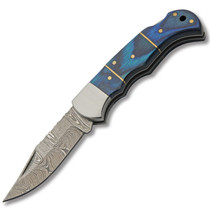 Szco Steel Bolster Blue Wood Folder 3" Damascus Blade