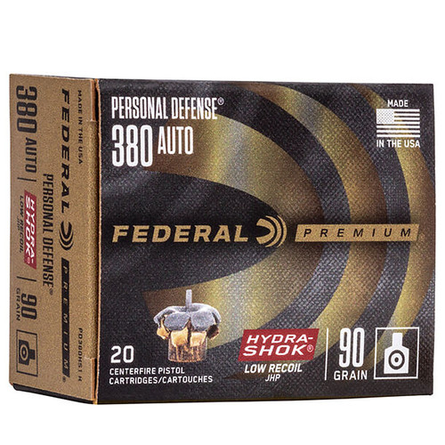 Federal PD380HS1H Premium Personal Defense 380 Automatic Colt Pistol ACP 90 GR HydraShok Jacketed Hollow Point 20 Box