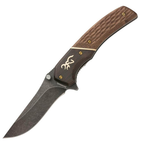 Browning Large Hunter Folding Knife 3.5" Drop Point 440C Stainless Stonewashed Black Oxide Blade Wood Handle
