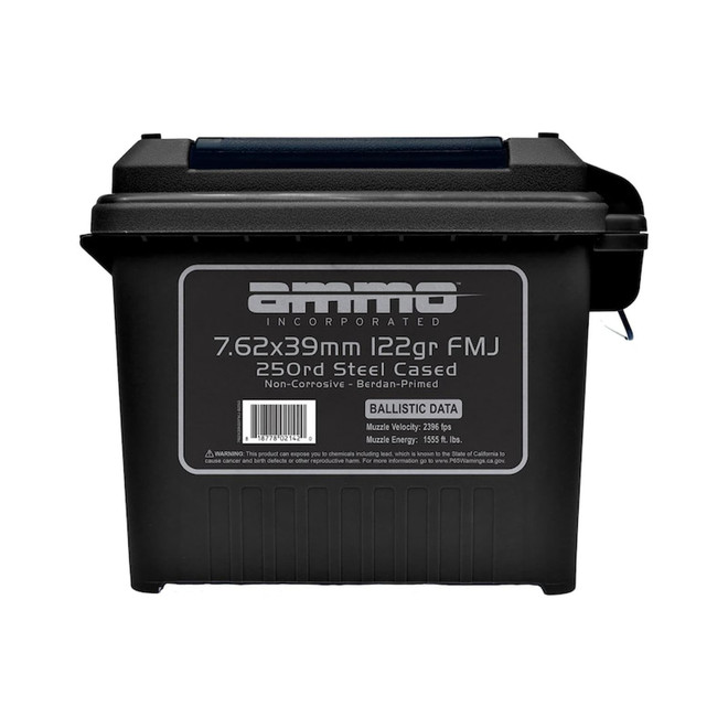 Ammo Inc. Ammunition 7.62x39mm 122 Grain Bi-Metal Full Metal Jacket Steel Case Berdan Primed Ammo Can of 250 Bulk