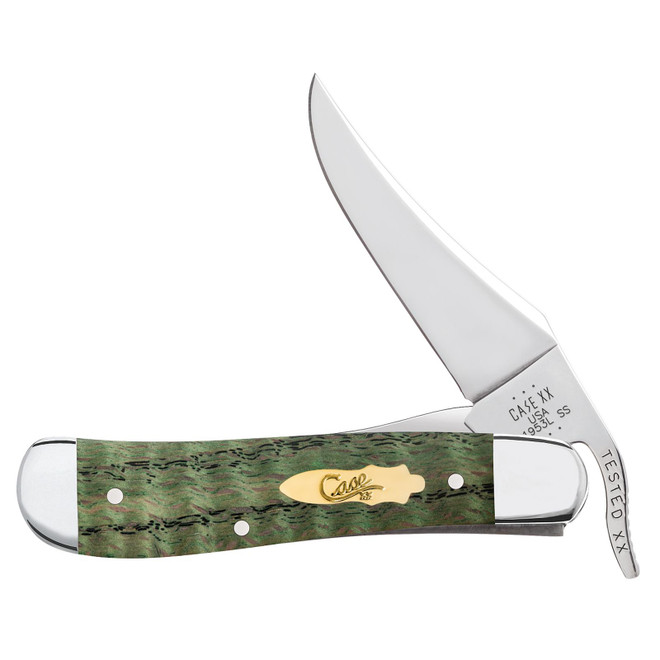 Case XX Russlock Kelly Green Curly Oak Wood 64073 Stainless Folding Pocket Knife