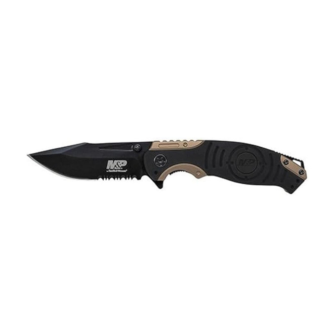 Smith & Wesson M&P SWMP13BSCP Folder Clam Liner Lock Drop Pt. Handle Knife, Black/Gold