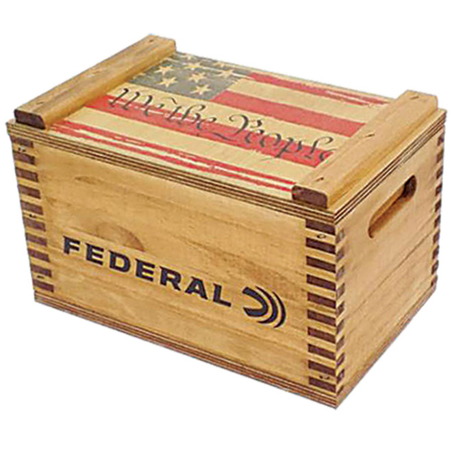 FEDERAL AMERICAN OUTLAW WE THE PEOPLE WOODEN AMMO BOX, 9-3/4" X 6" X 6"