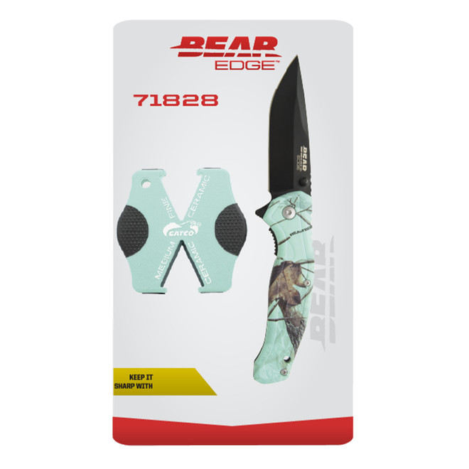 Bear Edge Teal Camo Assisted Flipper & Sharpener Gift Set Folding 1.25"