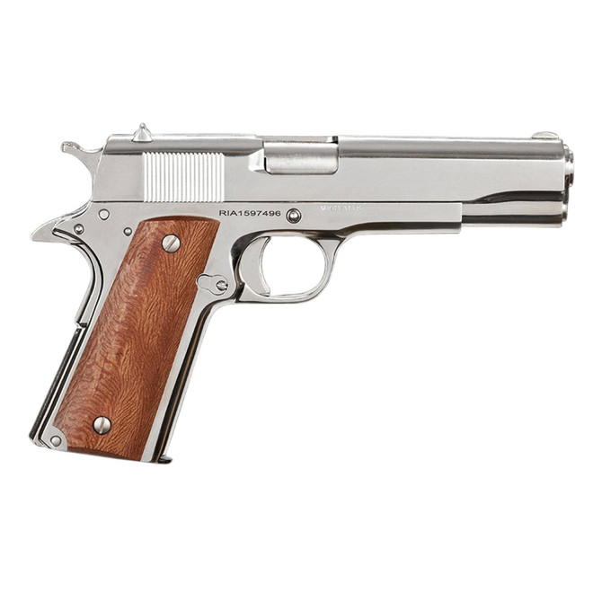 Rock Island 51814 GI Standard FS *CA Compliant 38 Super Caliber with 5" Barrel, 10+1 Capacity, Overall Polished Nickel Finish Steel, Beavertail Frame, Serrated Slide & Wood Grip