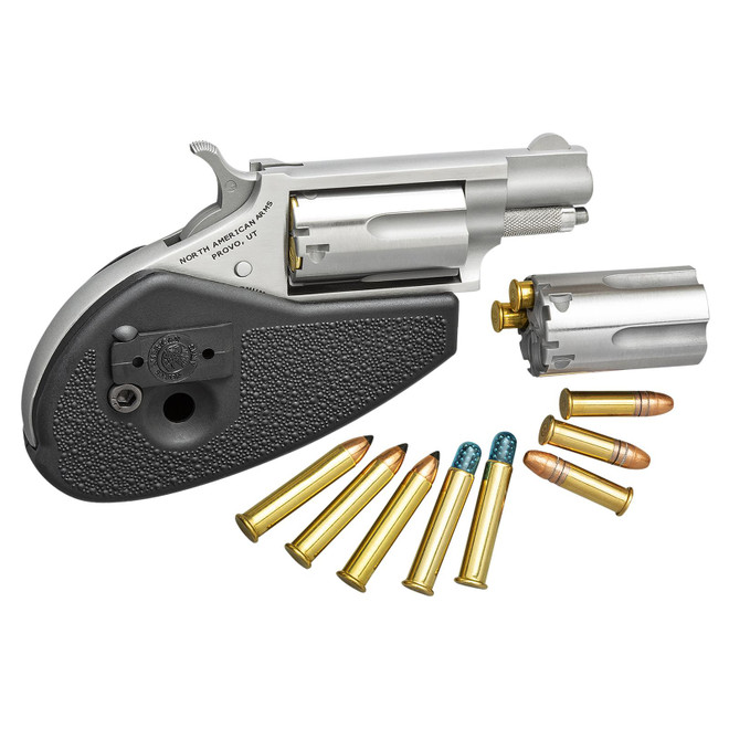 North American Arms 22MSCHG Mini-Revolver 22 LR/22 WMR 5 Shot 1.13" Stainless Steel Barrel, Frame & Cylinder, Black Synthetic Holster Grip, Exposed Hammer