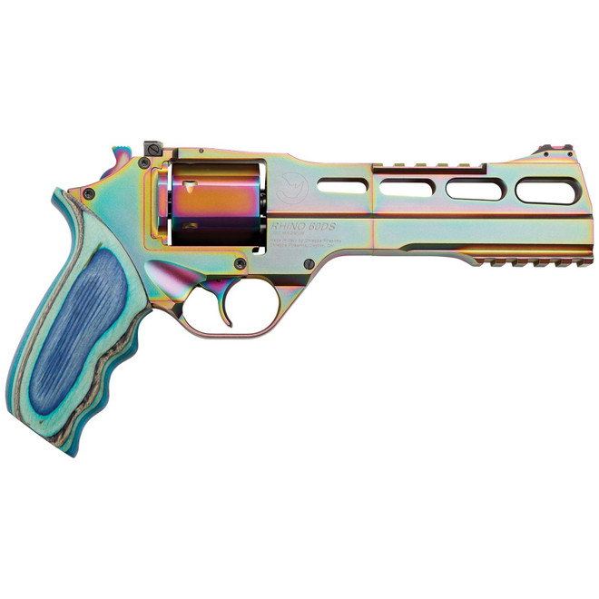 Chiappa Firearms 340301 Rhino 60DS Nebula 357 Mag Caliber with 6" Picatinny Rail/Vent Rib, 6rd Capacity Cylinder, Overall Rainbow PVD Metal Finish & Blue Laminate Grip
