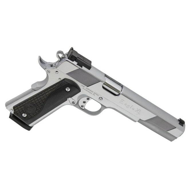 Iver Johnson Arms EAGLEXLC45 Eagle XL 45 ACP 8+1 6" Steel Barrel, Bright Chrome High Polished Long/Serrated Steel Slide & Frame w/Beavertail, Diamondwood Walnut w/Integrated Logo Grip, Right Hand