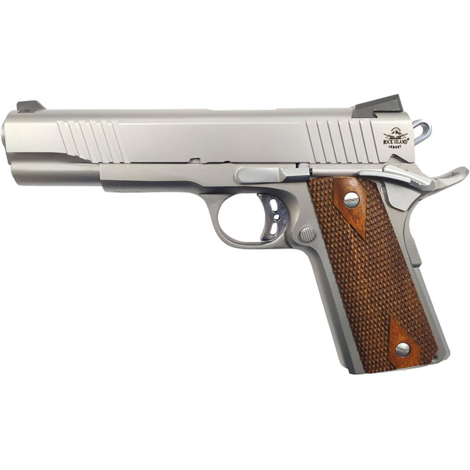 Rock Island 51414 Rock Standard FS *CA Compliant 45 ACP Caliber with 5" Barrel, 8+1 Capacity, Overall Matte Stainless Steel Finish, Beavertail Frame, Serrated Slide & Double Checkered Wood Grip