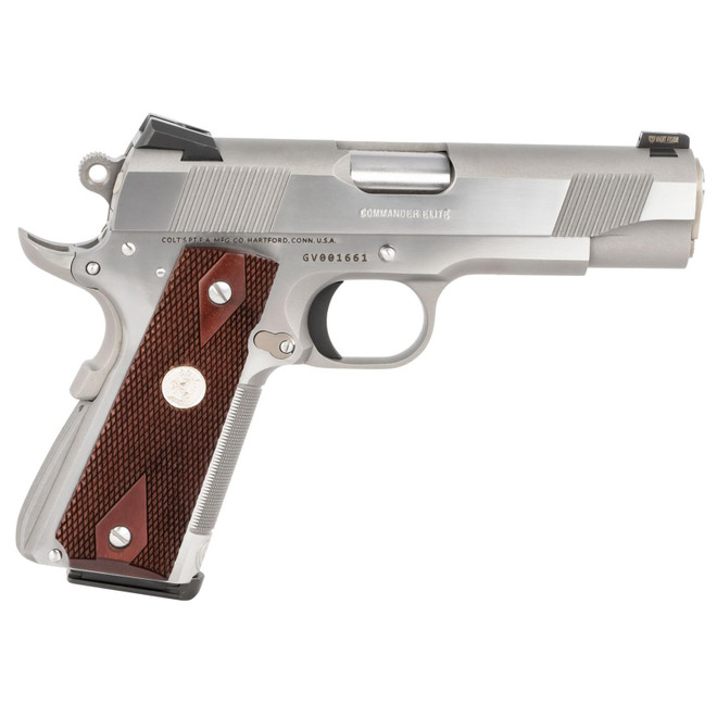 Colt Mfg O4012XSZ Combat Elite Commander 1911 45 ACP 8+1 4.25" Stainless National Match Barrel, Brushed Stainless Serrated Slide & Frame w/Beavertail, Double Diamond Checkered Wood Grip, Ambidextrous