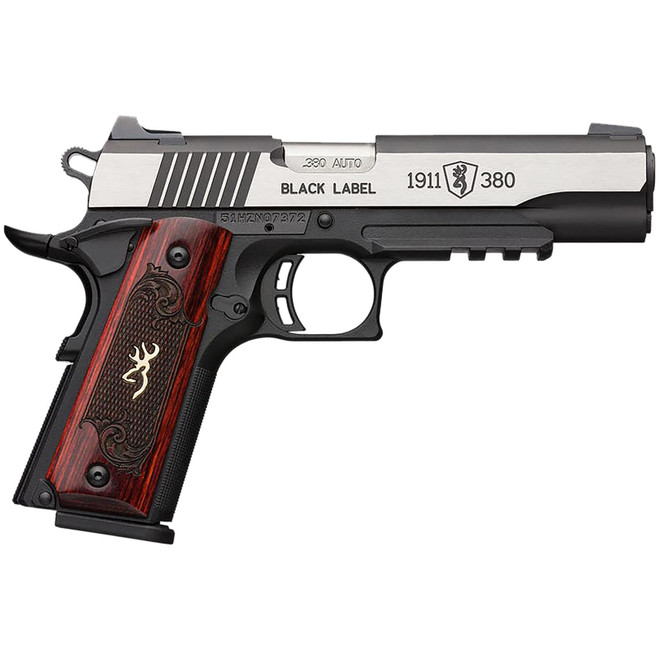 Browning 051971492 1911 Black Label Medallion Pro 380 ACP 8+1 4.25" Target Crown Barrel, Blackened w/Silver Polished Flats Serrated SS Slide, Matte Black Polymer Frame w/Beavertail & Picatinny Rail