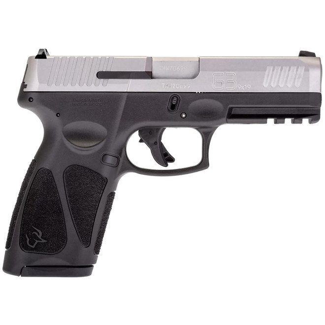 Taurus 1G3B949 G3 Full Size Frame 9mm Luger 15+1/17+1 4" Matte Stainless Steel Barrel, Matte Serrated Stainless Steel Slide, Black Polymer Frame w/Picatinny Rail, Black Polymer Grip, Right Hand