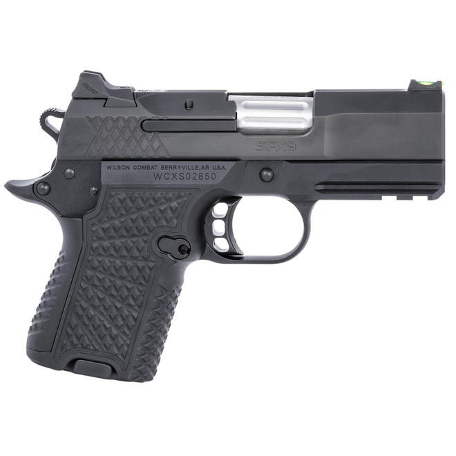 Wilson Combat SFX8SCR3 SFX9 Sub-Compact 9mm Luger 10+1 15+1 3.25" Stainless Steel Barrel, Black DLC Serrated Stainless Steel Slide, Black Aluminum Frame w/Beavertail & Picatinny Rail, Black G10 Grip
