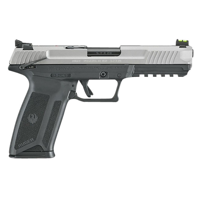 Ruger 16408 Ruger-5.7 Exclusive Finish 5.7x28mm 20+1 4.94" Black Nitride Steel Barrel, Savage Cerakote Serrated Steel Slide, Black Polymer Frame w/Picatinny Rail, Black Polymer Grip, Right Hand