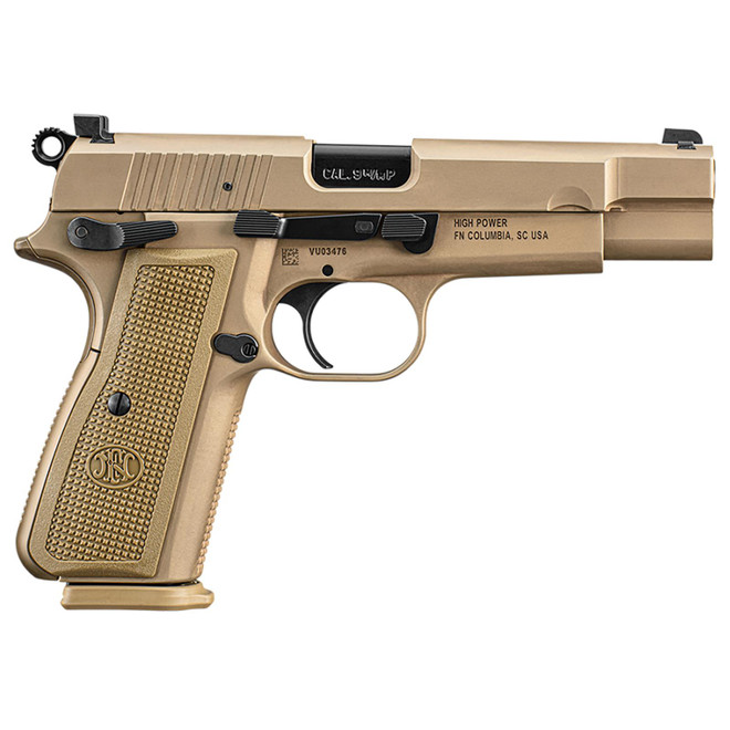 FN 66101117 High Power 9mm Luger 10+1, 4.70" Black Target Crown Steel Barrel, Flat Dark Earth PVD Serrated Steel Slide & Steel Frame w/Beavertail, FDE Textured Polymer Grip, Ambidextrous