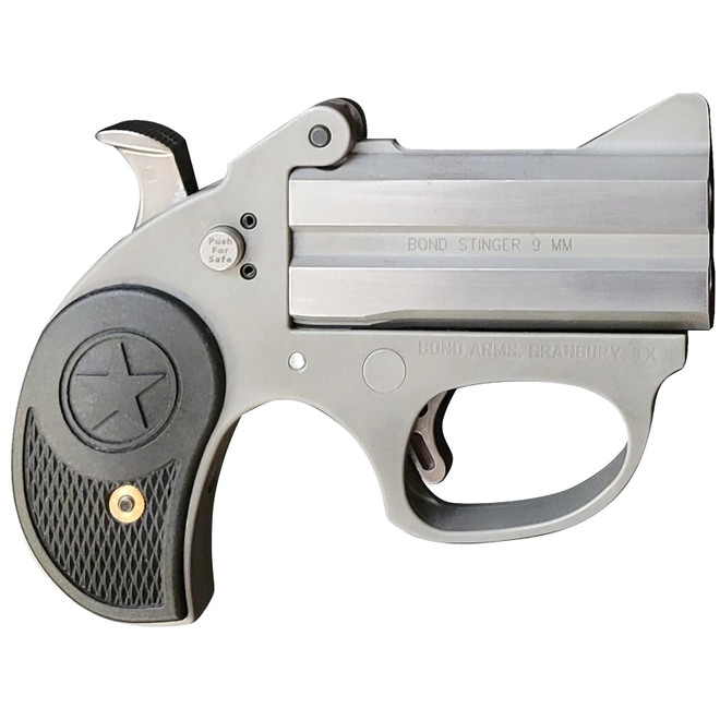 Bond Arms BASRS Stinger 9mm Luger 2rd 2.5" Matte Stainless Steel Double Barrel & Frame, Rebounding Hammer, Blade Front/Fixed Rear Sights, Black Rubber Grip, Manual Safety