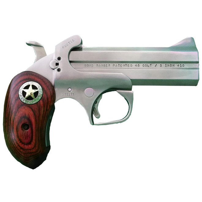 Bond Arms BARR Rustic Ranger 45 Colt (LC) 410 Gauge 2rd Shot 4.25" Matte Stainless Stainless Stainless Steel Frame Rosewood w/Integrated Star Grips