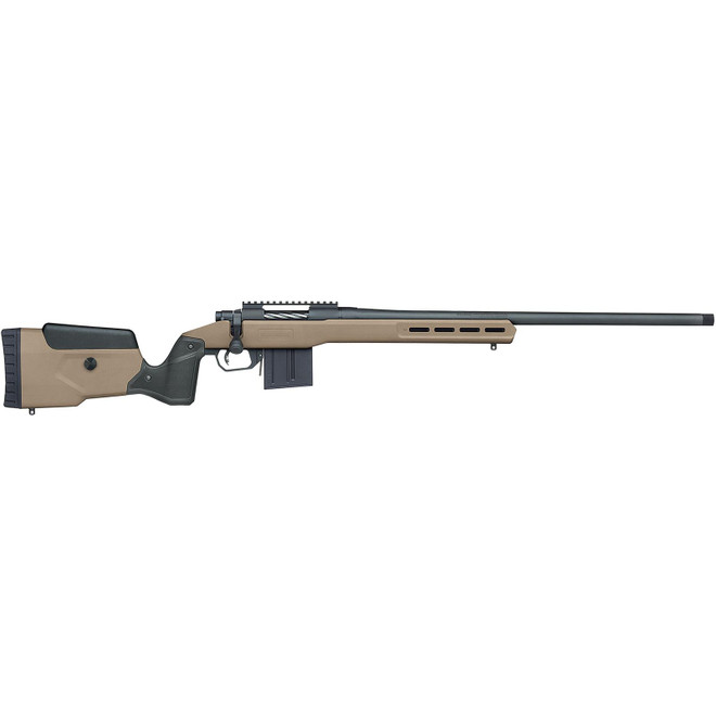 Mossberg 28148 Patriot LR Tactical 6.5 PRC 10+1 22" Matte Blued Threaded Bull Barrel, Matte Blued Picatinny Rail MDT Oryx Tactical M-LOK Flat Dark Earth Synthetic Stock, Right Hand