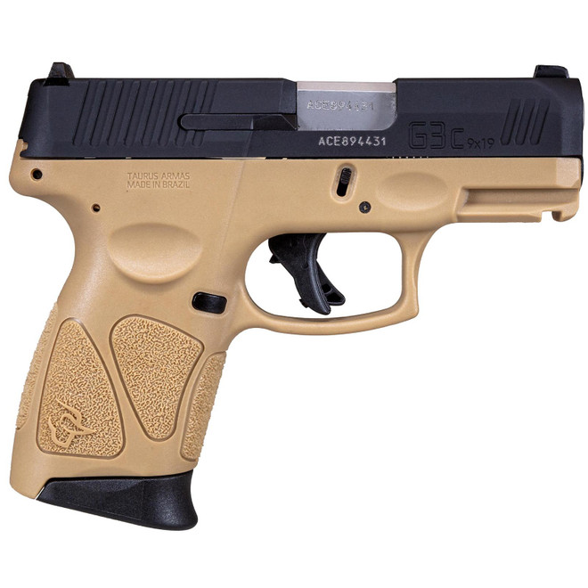 Taurus 1G3C931T G3C Compact Frame 9mm Luger 12+1 3.26" Matte Stainless Steel Barrel, Matte Black Tenifer Serrated Steel Slide, Tan Polymer Frame w/Picatinny Rail, Black Polymer Grip, Right Hand
