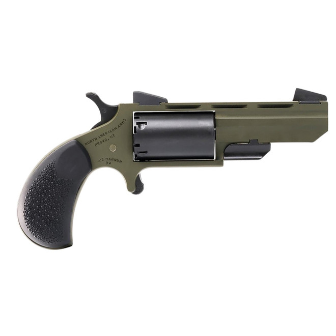 North American Arms TGHM Huntsman 22 WMR 5 Shot 2" Matte Black Heavy Vent Rib Barrel, OD Green Cerakote Steel Frame, Matte Black Cylinder, Camo Grip, Exposed Hammer, Leather Holster