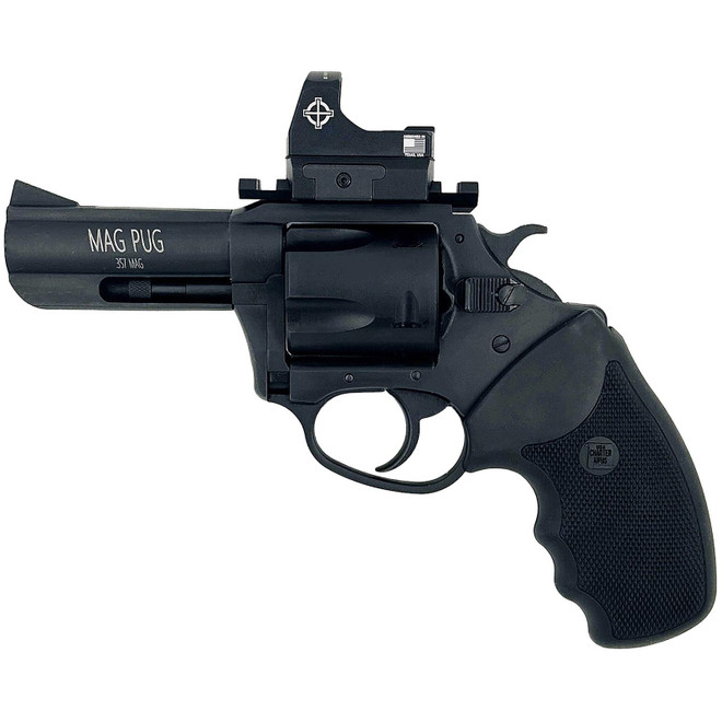 Charter Arms 13535 Mag Pug Large 357 Mag 5 Shot, 3" Black Passivate Steel Barrel & Cylinder, Black Passivate Steel w/Picatinny Rail Frame. Black Combat Rubber Grip, Includes Micro Optic