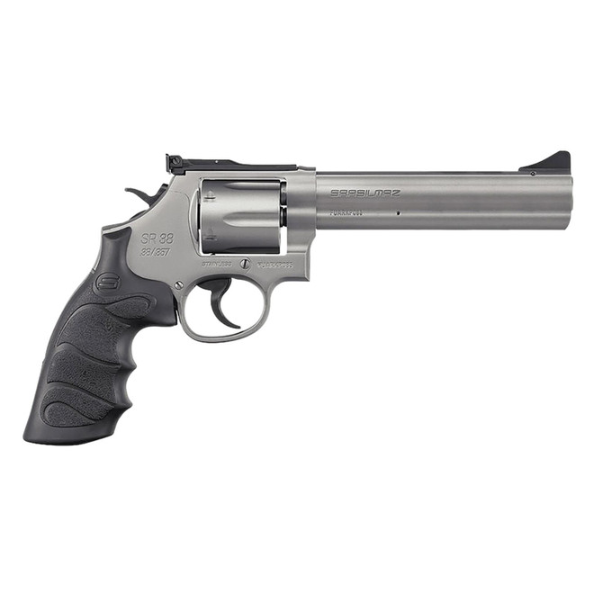 SAR USA SARSR38ST6 SAR SR 38 Special/357 Mag 6 Shot, 6" Stainless Steel Barrel, Cylinder & Frame w/Black Finger Groove Grip, Drop Safety/Hammer Block Safety, Exposed Hammer