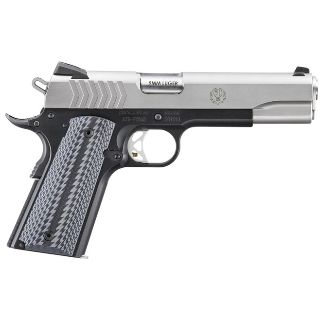 Ruger SR1911 Full Size 9mm Luger 9+1 5" Stainless Steel Barrel, Satin Stainless Steel Serrated Slide, Black Anodized Aluminum Frame w/Beavertail, Black/Gray G10 Grip