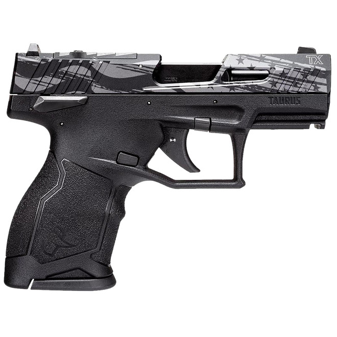 Taurus 1TX2213110US5 TX22C T.O.R.O. Compact Frame 22 LR 10+1 3.60" Matte Black Threaded Barrel, Engraved Distressed USA Flag Optic Ready/Serrated Slide, Black Polymer Frame
