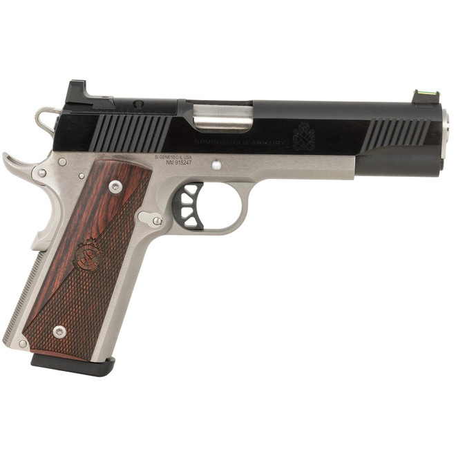 Springfield Armory PX9121LAOS 1911 Ronin 10mm Auto 8+1, 5" Stainless Match Grade Steel Barrel, Blued Serrated Carbon Steel Slide, Stainless Steel Steel Frame w/Beavertail, Crossed Cannon Wood Grip