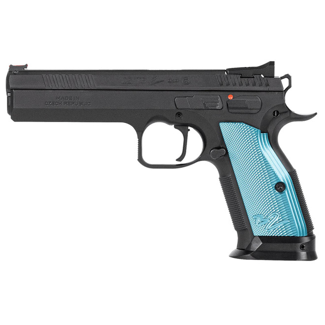 CZ-USA 01220 TS 2 9mm Luger 10+1 5.28" Black Steel Barrel, Black Nitride Serrated Slide, Black Steel Frame w/Beavertail, Blue Textured Aluminum Grip