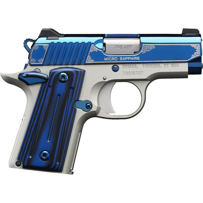 Kimber Mfg.,inc 3300090 Micro Sapphire NS 380 ACP 7+1 2.75" Polished Bright Blue PVD Coating Cut Scroll Engraving and Border Stainless Steel Thin blue/black ball-milled G-10 Grip