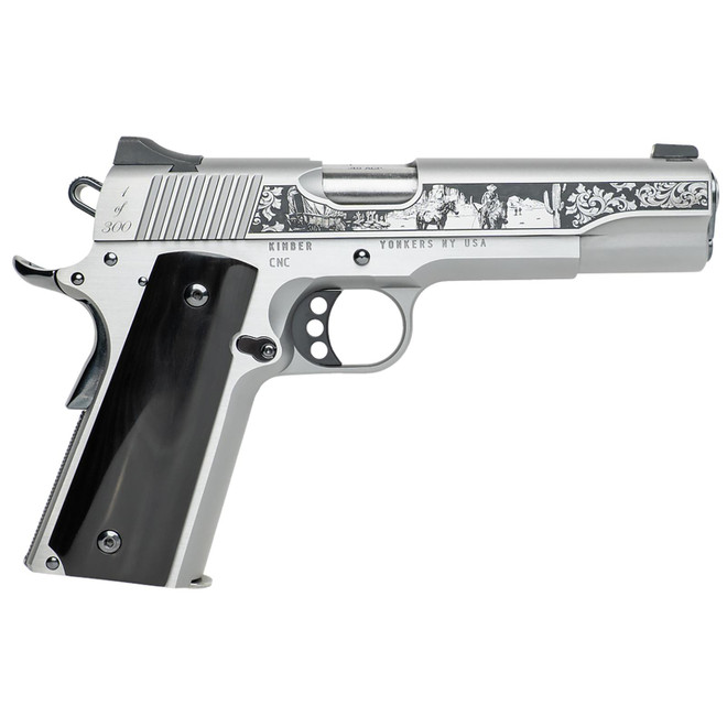 Cnc Firearms CNCWESTSPIRIT Kimber 1911 Western Spirit 45 ACP 7+1 5" Stainless Steel Barrel, Serrated w/Engraved Scrollwork Slide, Black Buffalo Horn Grip