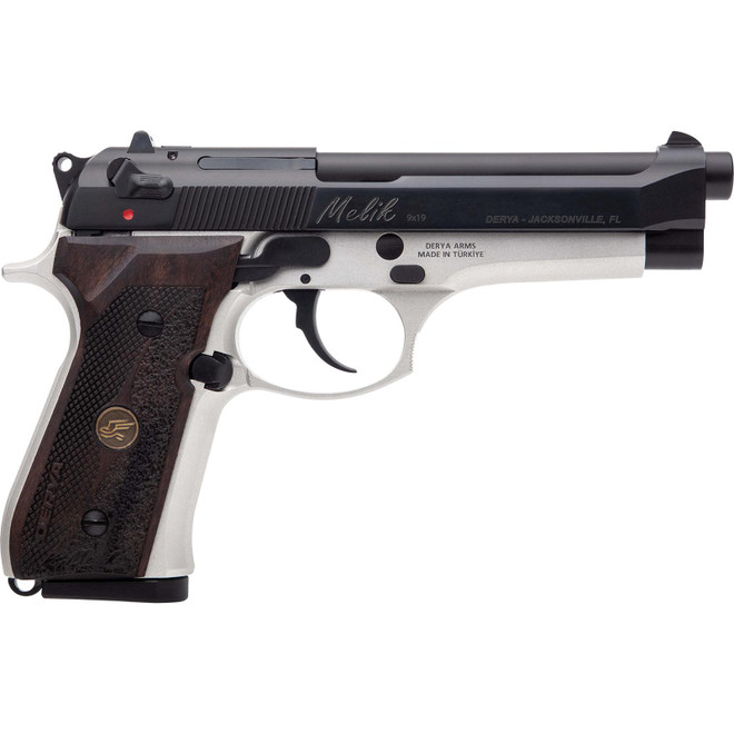 Derya Firearms 15LTTMELIK9TR Melik 9mm Luger 15+1 4.90" Black Melonite Steel Barrel, Black Melonite Serrated Steel Slide, Silver Anodized Aluminum Frame, Dark Walnut Grip