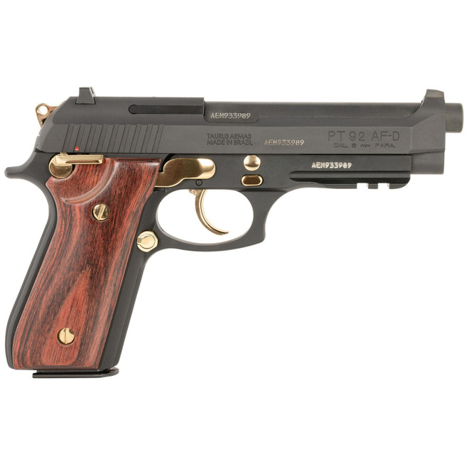 Taurus 1-920151GLD-HW1 92 Full Size Frame 9mm 17+1 5" Matte Black Stainless Steel Barrel, Matte Black Serrated Alloy Steel Slide, Matte Black w/Gold Accents Aluminum Frame w/Picatinny Rail, Wood Grip