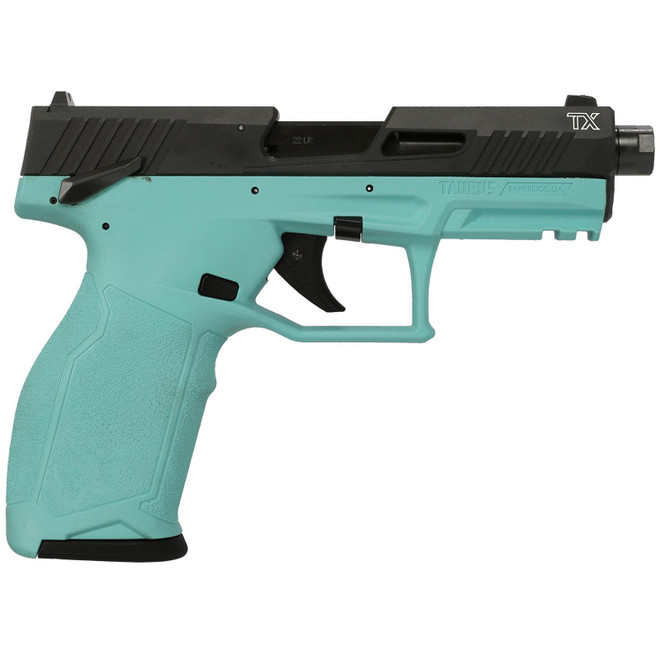 Taurus 1-2TX22141C-10 2TX Full Size Frame 22 LR 10+1 4.60" Matte Black Threaded Barrel, Black Anodized Serrated Slide, Matte Cyan Polymer Frame w/Picatinny Rail, Textured Grip