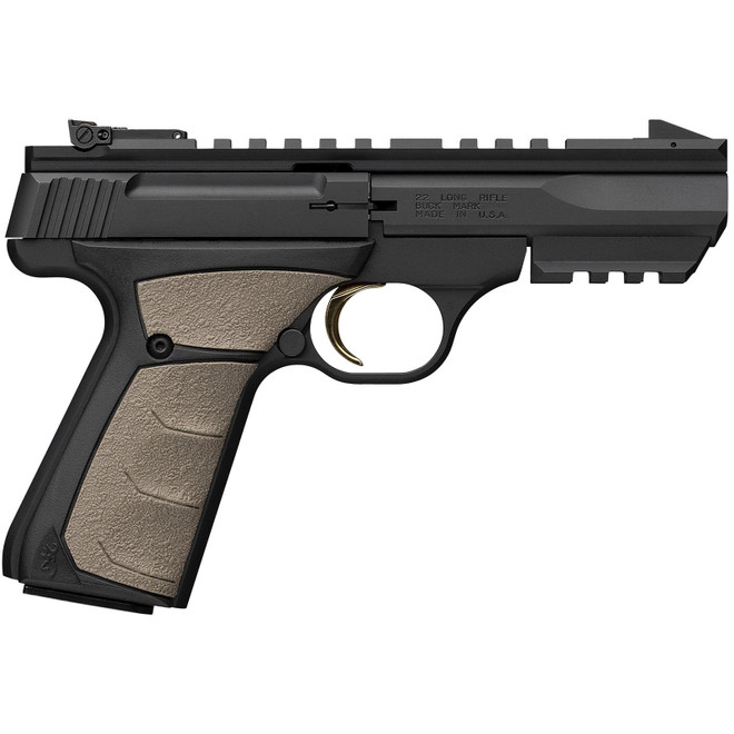 Browning 051601490 Buck Mark Black Label URX 22 LR 10+1 5.50" Matte Blued Contoured Barrel, Matte Black Serrated Slide, Matte Black Aluminum Frame w/Picatinny Rail, FDE UFX Overmolded Grip