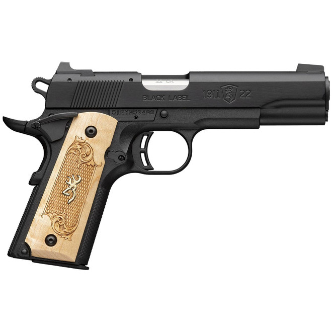 Browning 051067490 1911-22 Black Label Medallion Full Size Frame 22 LR 10+1 4.25" Stainless Steel Barrel, Matte Black Serrated Slide, Matte Black Aluminum Frame w/Beavertail, Maple Medallion Grip
