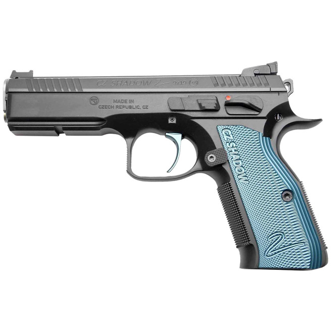 Cz Custom Shop 91039 Shadow 2 Full Size Frame 9mm Luger 17+1 4.89" Black ACCU Bushing Barrel, Black Serrated Steel Slide, Black Polycoat Steel Frame w/Beavertail, Black Checkered Aluminum Grip