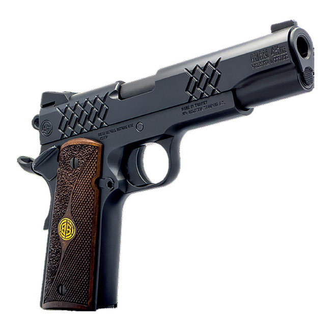 Dickinson LLC DKSN45BM 1911 Adam Full Size Frame 45 ACP 8+1 5" Matte Black Button Rifled Barrel, Matte Black Serrated Aluminum Slide, Matte Black Steel Frame, Wood Grips