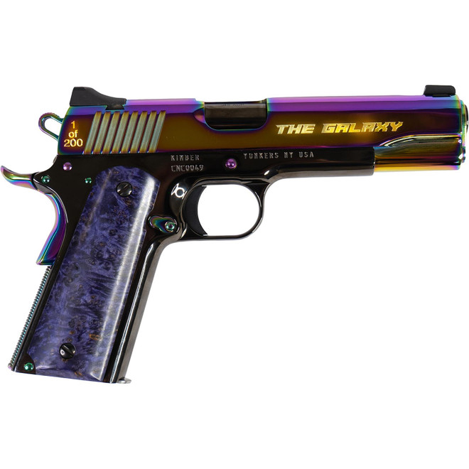 Cnc Firearms CNCGALAXY1911 Kimber 1911 Galaxy 45 ACP 7+1 5" Polished Rainbow PVD Engraved "The Galaxy"/Serrated Slide, Purple Maple Burl Grip