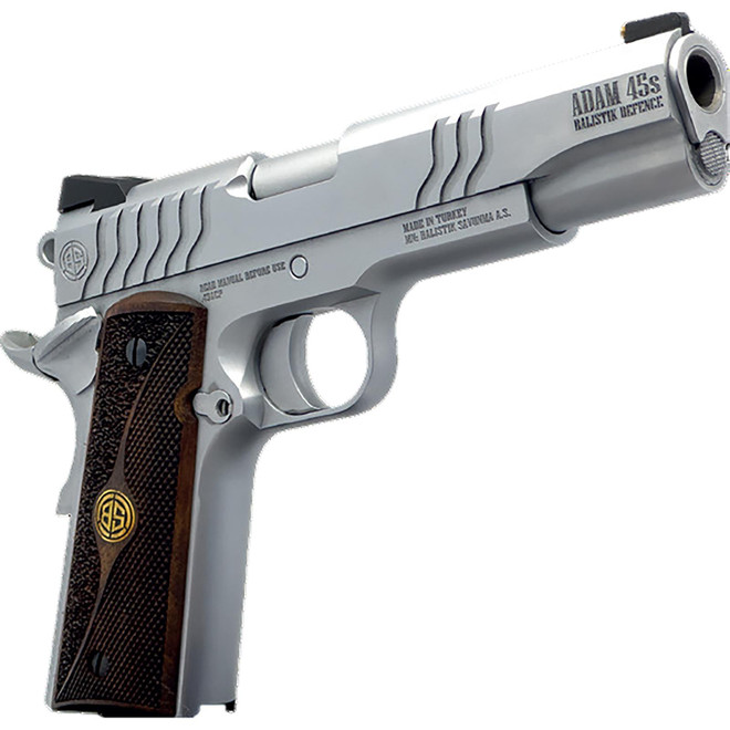 Dickinson LLC DCKSN45S 1911 Adam S Full Size Frame SAO 45 ACP 7+1 5" Stainless Button Rifled Barrel, Stainless Steel S Serrations Slide, Stainless Steel Frame, Wood Grip