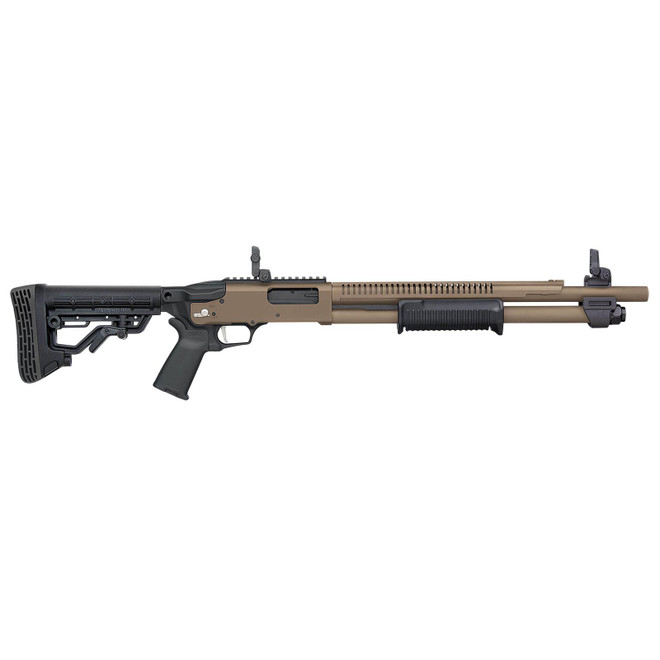 Mossberg 50758 590R 12 Gauge Pump 3" 6+1 18.50" Flat Dark Earth Cerakote Heat Shield Barrel, Flat Dark Earth Cerakote Steel Receiver, Black AR Mil-Spec Adjustable Synthetic Stock, Black Magpul Grip
