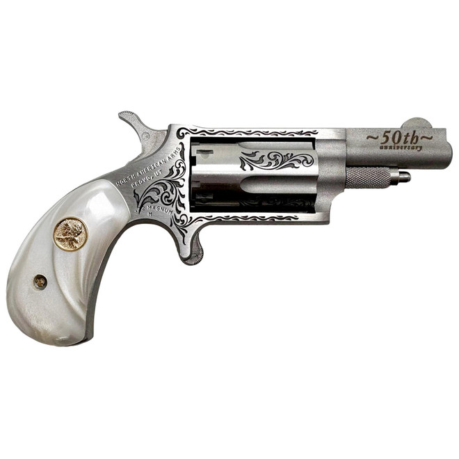 North American Arms 22M50 50th Anniversary 22 Mag 5 Shot 1.63" Matte Stainless w/"50th Anniversary" & Scroll Engraving, White Pearl Grip, Exposed Hammer