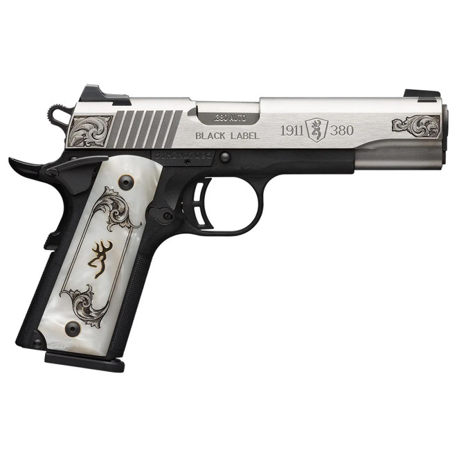 Browning 051966492 1911 Black Label Medallion Full Size Frame 380 ACP 8+1 4.25" Matte Stainless Steel Barrel & Serrated Slide, Matte Black Polymer Frame w/Beavertail, White Imitation Pearl Grip