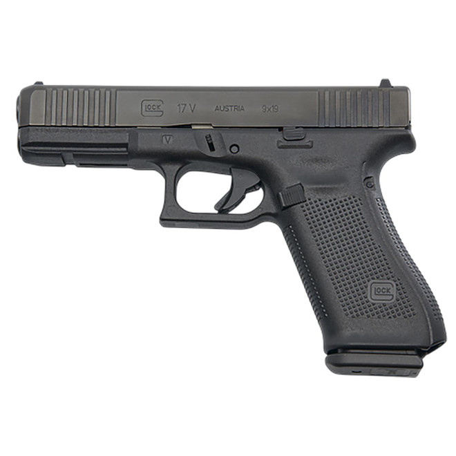 Glock PV1750201 G17 V Standard Frame 9mm Luger 10+1 4.49" Black GMB Barrel, Black nDLC Steel Serrated Slide, Black Polymer Frame w/Accessory Rail, Textured Polymer Grip, Ambidextrous
