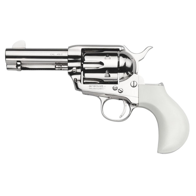 Taylors & Company 200111 1873 Flat Top Pietta 9mm Luger 6 Shot 3.50" Nickel Round Barrel, Cylinder & Steel Frame, PVC White Flat Birdshead Grip, Exposed Hammer