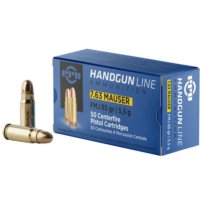 PPU PPH763 Handgun 7.63mmMauser 85gr Full Metal Jacket 50 Per Box/10 Case