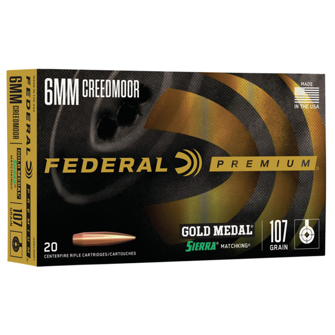 Federal GM6CRDM1 Premium Gold Medal 6mmCreedmoor 107gr Sierra MatchKing BTHP 20 Per Box/10 Case